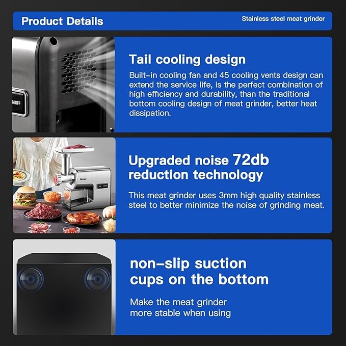 Electric Meat Grinder,3000 Max Heavy Duty Stainless Steel Meat Mincer with 2 Blades,3 Grinding Plates,Sausage Stuffer Tubes & Kubbe Kit for Home & Kitchen Using