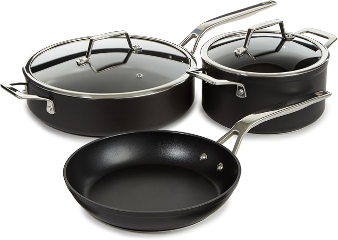 BergHOFF Essentials 5Pc Non-stick Hard Anodized Cookware Starter Set, Glass lid, FernoGreen Non-toxic Nonstick Coating, Stainless Steel Handle, Induction Pots and Pans, Black