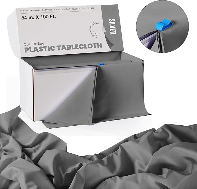 Exquisite Party Solids 54 Inch X 100 Feet Silver Plastic Table Cover Roll in A Cut - to - Size Box with Convenient Slide Cutter. Cuts Up to 12 Rectangle 8 Feet Plastic Disposable Tablecloths