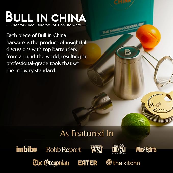 5 Piece Cocktail Kit by Bull In China - Premium Bartender Gift Set Includes Weighted 2 Piece Boston Shaker, Hammered Bell Jigger, Hawthorne Strainer & Fine Mesh Strainer (Copper)