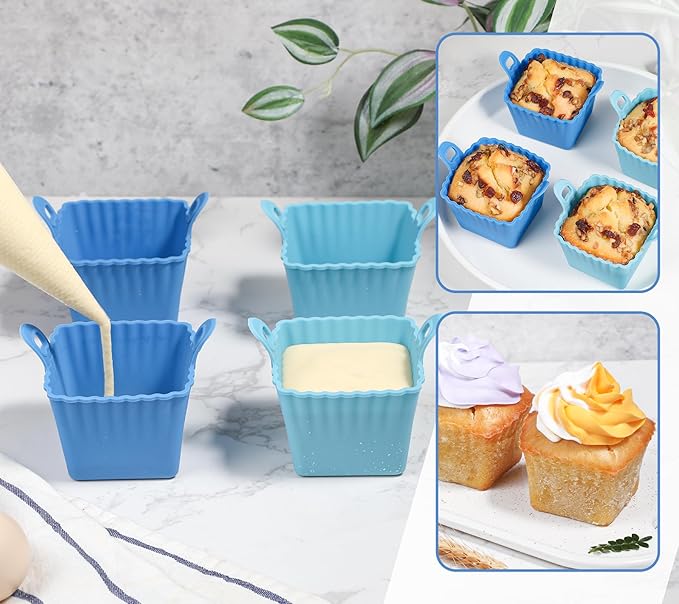 Koluti Reusable Egg Bites Silicone Mold Set of 4, Nonstick Muffin Baking Cupcake with Double Handle, Small Square Air Fryer Cupcake Liners, 2 Color
