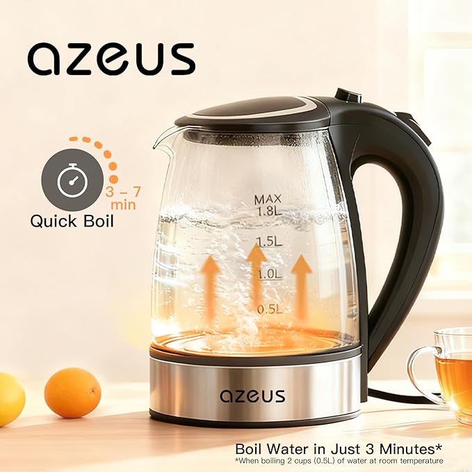AZEUS Fast Boil Electric Water Kettle, 1.8L Large Capacity with Auto Shut-Off and Boil-Dry Protection, BPA-Free Borosilicate Glass &Stainless Steel