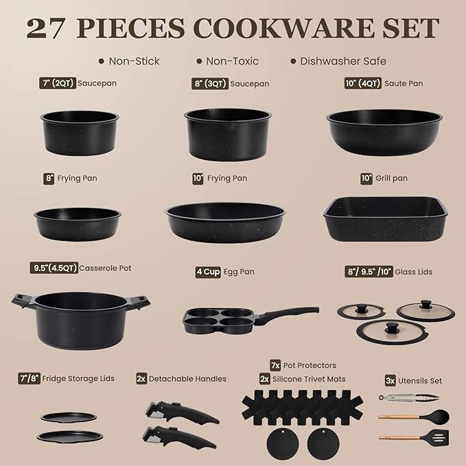 KIKCOIN Pots and Pans Set, 27 Pack Nonstick Cookware Set Detachable Handle, Induction RV Kitchen Cooking Set with Removable Handle, Frying Pans, Casserole - Dishwasher/Oven Safe, PFOA Free