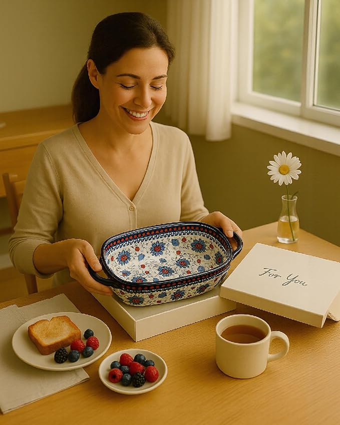 Ceramic Baking Dish Set of 2 – Decorative Polish Pottery Style Casserole Dishes with Handles, Cute Oven-Safe Lasagna Bakeware Gift Set