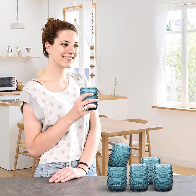 Vintage Glassware Drinking Glasses Set of 6,12 oz Hobnail Glass Cups,Embossed Blue Water Tumbler,for Beer,Cocktail,Whiskey,Juice and Various Mixed Drinks- 1 Cleaning Brush