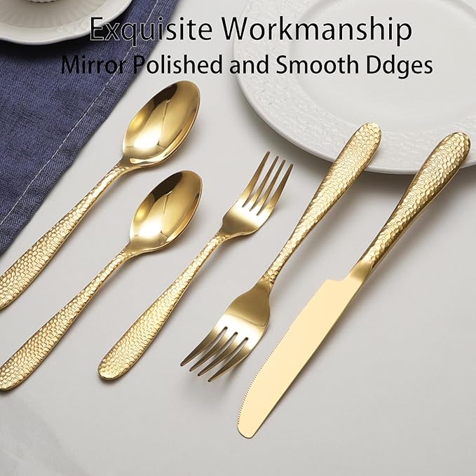 Gold Hammered Silverware Set, 20 Piece Stainless Steel Heavy Duty Flatware Set for 4, Food-Grade Tableware Cutlery Set for Home Restaurant, Mirror Polished, Dishwasher Safe