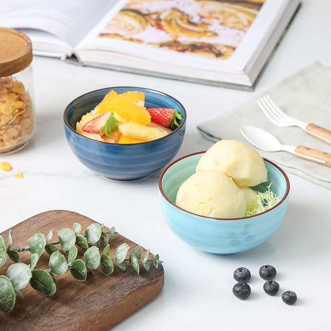 KitchenTour Dessert Bowls Set of 6, 12 OZ Ceramic Cereal Bowls for Kitchen, 4.7 Inch Small Bowls for Snack, Fruit, Ice Cream - Microwave & Dishwasher Safe, Assorted Cool Colors