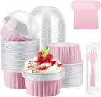 EUSOAR Disposable Creme Brulee Ramekins and Pink Spoons, 60pcs 5oz Mini Cake Cheesecake Pans with Lids, Aluminum Foil Ramekins with Lids Muffin Liners for Party Wedding Birthday Family Gathering