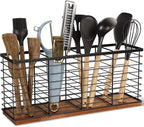 Extra Large Kitchen Utensil Holder with 4 Compartments,Metal Utensil Organizer with Acacia Wood Base for Kitchen Countertop, Flatware Organizer for Silverware and Cooking Utensils Crocks