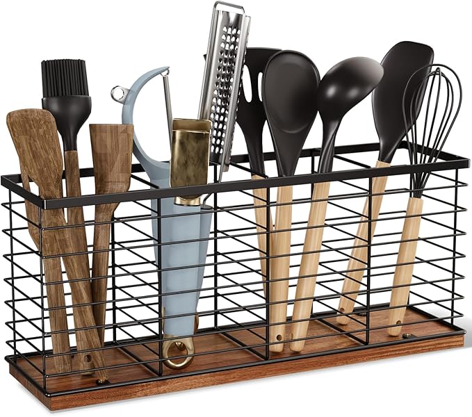 Extra Large Kitchen Utensil Holder with 4 Compartments,Metal Utensil Organizer with Acacia Wood Base for Kitchen Countertop, Flatware Organizer for Silverware and Cooking Utensils Crocks