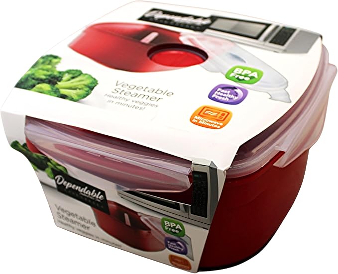 Microwave Vegetable Steamer Cooker for Healthy Cooking and Quick Meals, Cook Vegetables, Fish & Poultry, BPA-Free with Removable Strainer and Locking Vent Lid, 2.47L by Dependable Industries (Red)