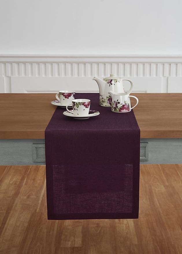 Solino Home Linen Chambray Burgundy Table Runner 156 Inches Long - Athena, 100% Pure Linen 14 x 156 Inch Table Runner for Summer, Fall, Autumn