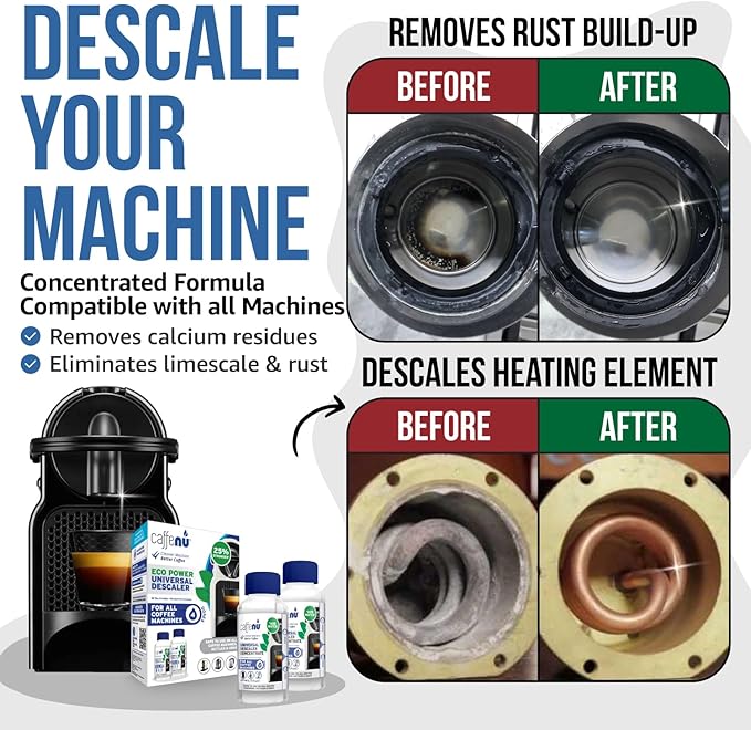 Universal Coffee Machine Descaling Solution. Coffee Machine Descaler Liquid 4 Uses. Descaler Kit. Part of your Barista Accessories Set. Compatible with Nespresso, Phillips, Lavazza, Verismo and More!