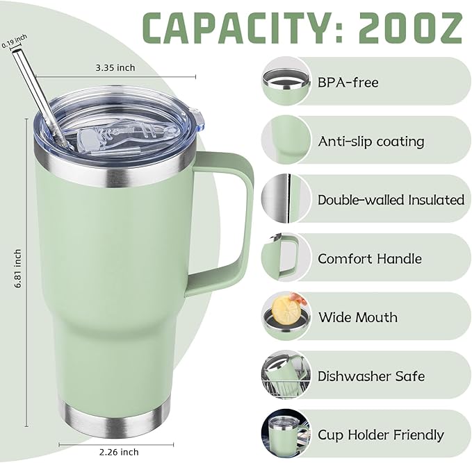 20oz Stainless Steel Insulated Tumbler with Handle, Double Wall Vacuum Insulated Coffee Mug, Leak Proof Travel Mug, Hot & Cold Drink, Green Tea, 1 Pack