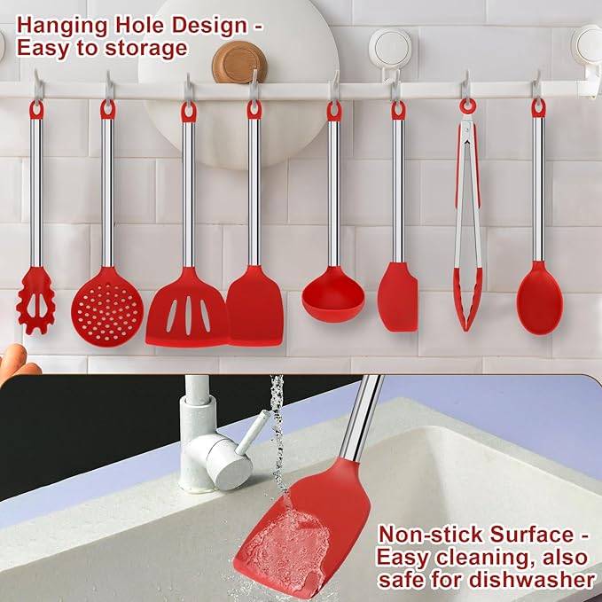 8 PCS Silicone Kitchen Utensils, Vayvnt Large Cooking Utensils Set for Nonstick Cookware, Silicone Spatula Set Includes Spoons and Tongs, Kitchen Essentials for Cooking & Baking, Dishwasher Safe, Red