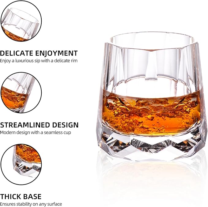 KAMMAK Crystal Whiskey Glasses Set of 2, 10 oz Handcrafted Old Fashioned Glass, Lead-Free Tumbler Glass with Delicate Rim, Seamless Modern Design & Thick Stable Base for Cocktails, Scotch, Bourbon