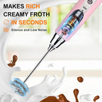 YUSWKO Pink Handheld Milk Frother Wand with Stand for Coffee, Rechargeable Electric Whisk with 3 Heads 3 Speeds Drink Mixer Coffee Frother For Latte, Cappuccino, Hot Chocolate, Egg