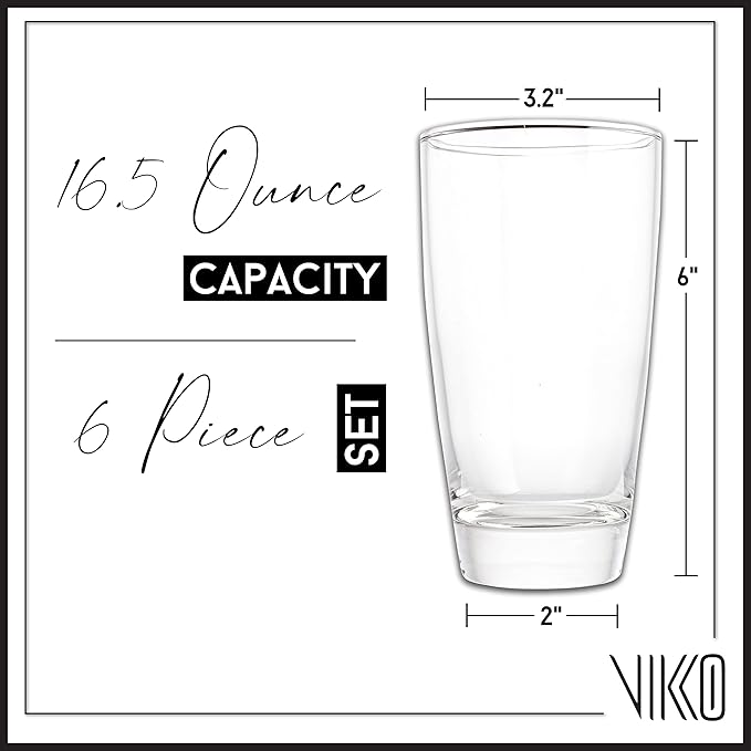 Vikko 16.4 Ounce Water Tumblers | Large All Purpose Drinking Glasses – Thick and Durable Construction – Beautiful Design – Heavy Base – Dishwasher Safe– Set of Six Tall Glass Tumblers