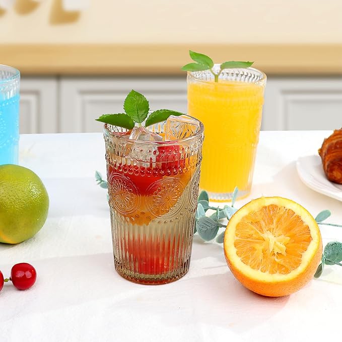 6pcs Vintage Drinking Glasses Set, 12 oz Tawny Highball Glasses, Embossed Ribbed Glassware Cups for Cocktail, Water, Juice, Coffee, Whiskey