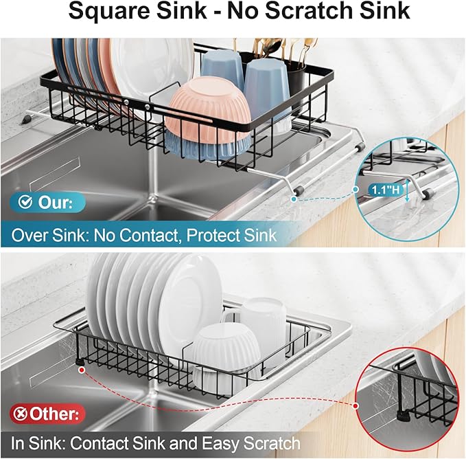 iSPECLE Over Sink Dish Drying Rack - Expandable Capacity Dish Rack for Kitchen Counter, Fits Any Sink Type, 12"~16.9" L x 11.8" W, Black