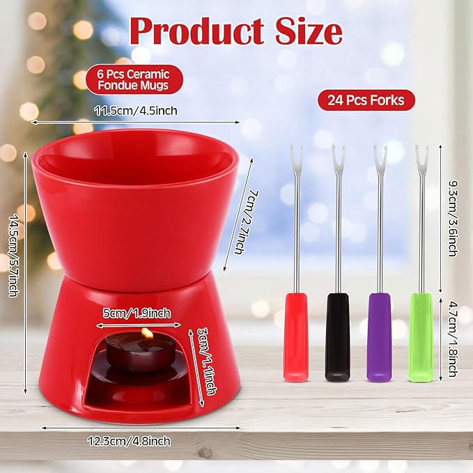 Mudder 6 Pieces Fondue Mug Ceramic Pot and 24 Pieces Forks Set for Melting Chocolate, Cheese, Broth or Tapas on Christmas Gift Valentine's Day(Red)