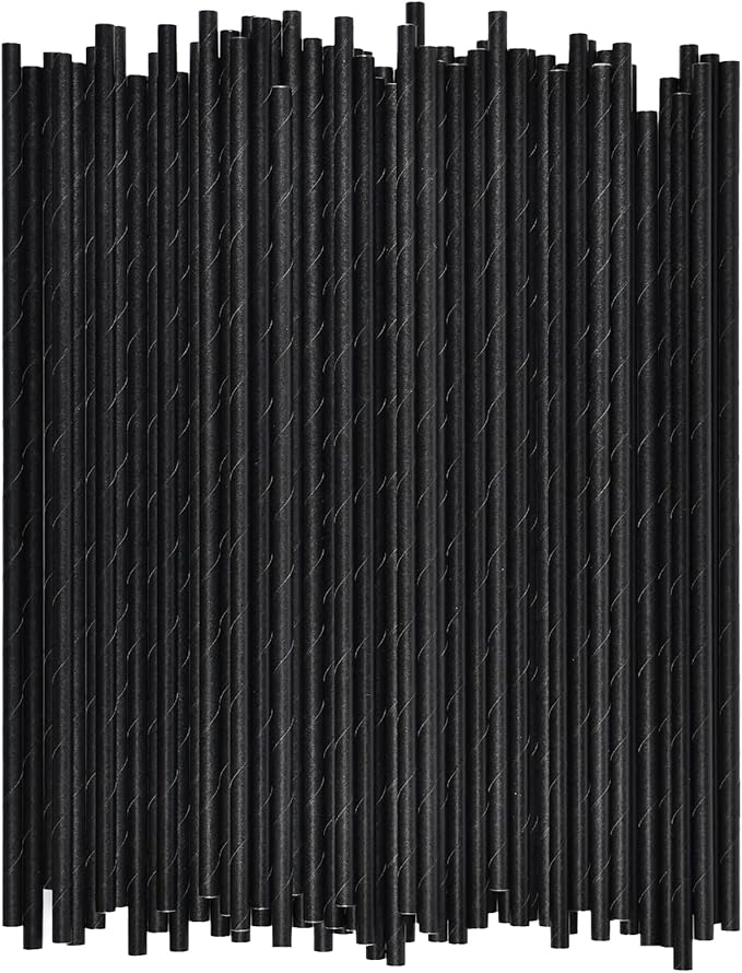 10 inch Long Disposable Black Paper Cocktail Straws & Stirrer Sticks, 250 Counts, Unwrapped - for Tall Drinks, Bars and Restaurants