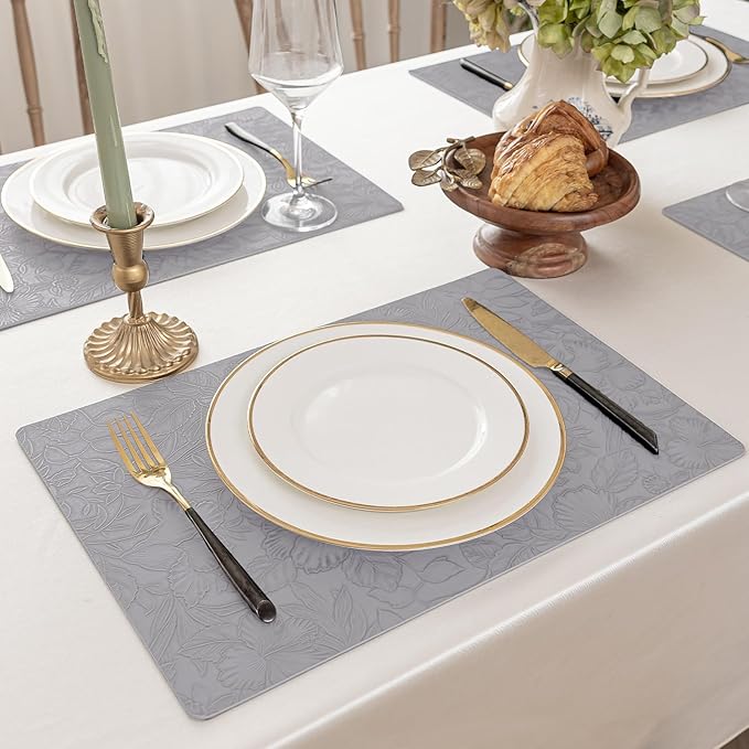 Romanstile Vinyl Placemats Set of 4-12 X 18 Inch - Heat Resistant Non-Slip Embossed Floral Place Mats 100% Waterproof Oilproof Wipeable Faux Leather Table Mats for Kitchen/Dining/Party, Grey