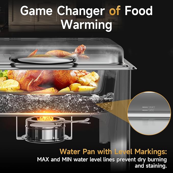 Chafing Dishes for Buffet, 6QT Square Stainless Steel Chafing Dish with Transparent Hydraulic Lid, 304 Food Pan, Buffet Warmer for Parties and Events (Silver)