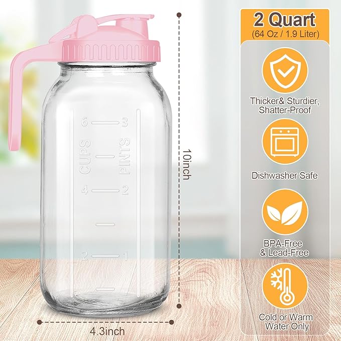 Mason Jar Pitcher, 64 OZ Breast Milk Pitcher Double Leak Proof with Pour Spout Handle, Wide Mouth Iced Tea Pitcher for Fridge, Creamer Container for Coffee, Sun Tea juice (Pink,2 Pack)