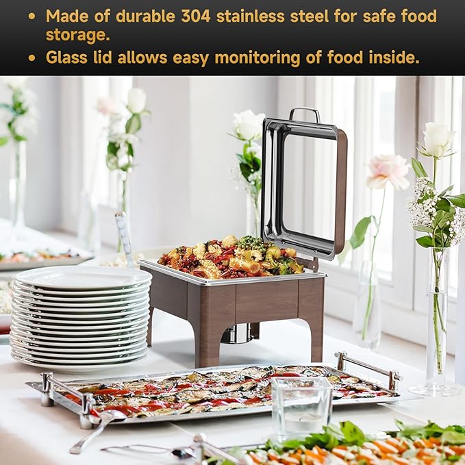 Chafing Dishes for Buffet, 6QT Square Stainless Steel Chafing Dish with Transparent Hydraulic Lid, 304 Food Pan, Buffet Warmer for Parties and Events (Wood Color)