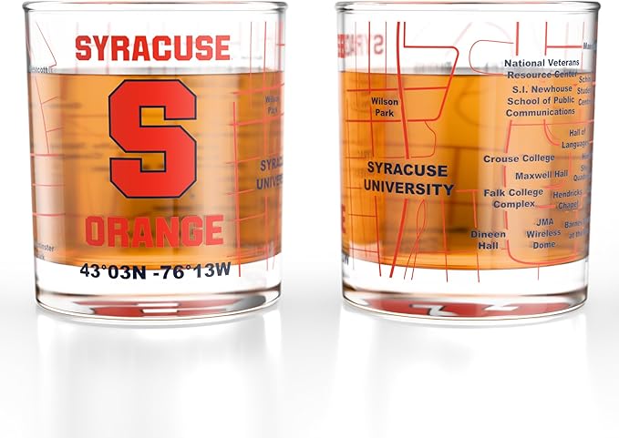 Greenline Goods – University of Syracuse Orange College Whiskey Glasses (Set of 2), 10 oz – Full-Color Logo + Campus Map