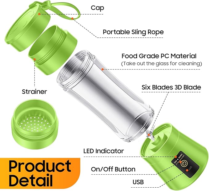 Portable Blender Make Shakes and Smoothies - USB Rechargeable Personal Size Mini Blender Freshly Squeezed, 380Ml BPA Free Travel Cup in Picnic/Office/Gym