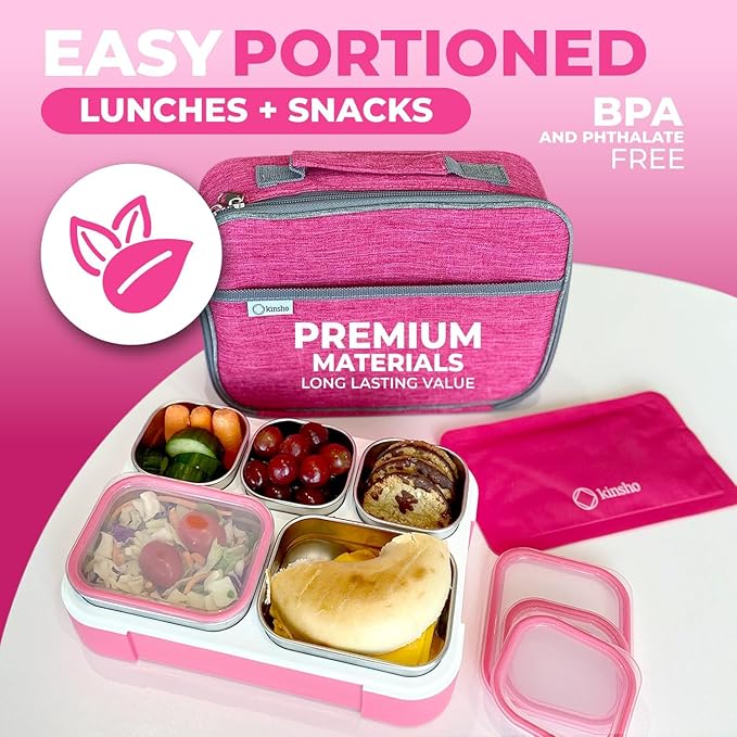 Stainless Steel Bento Lunch Box Set for Adults, Kids - Insulated Bag and Ice Pack - Leak-Proof Metal Compartment Meal Prep Food & Snack Containers for Work Travel School Daycare, 34 oz Pink