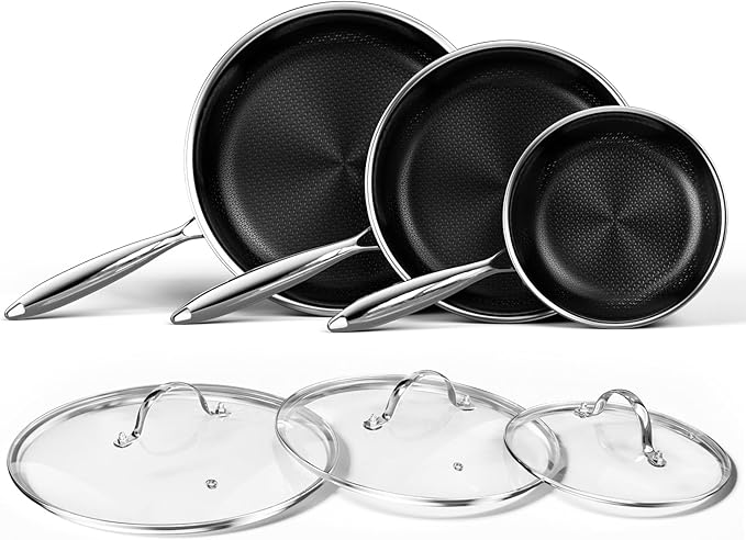 Innerwell Nonstick Titanium Ceramics Stainless Steel Frying Pan Set, 6 Pieces Nonstick Honeycomb Stainless Steel Frying Pan Set, Non Stick Egg Omelet Cooking Pan Set, Induction Compatible, PFAS Free