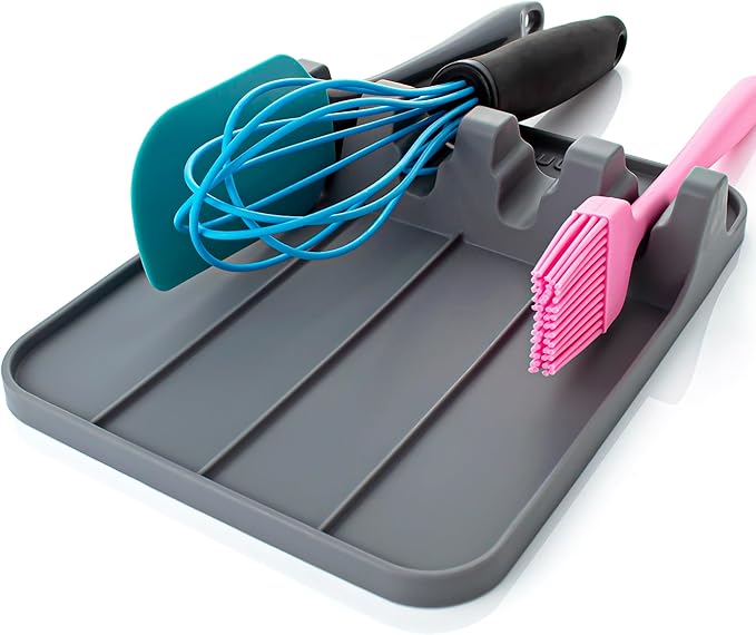 Silicone Utensil Rest and Spoon Holder, Heat Resistant Kitchen Spoon Rest for Multiple Utensils, Dishwasher Safe Drip Pad for Spatulas, Tongs, Ladles, and Spoons (Cool Gray)