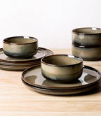 TheTerra Ceramic Dinnerware Sets for 8, 24 Pieces Handmade Reactive Glaze Plates and Bowls Set, Scratch Resistant Dish Set, Oven & Microwave & Dishwasher Safe, Coca Mocha