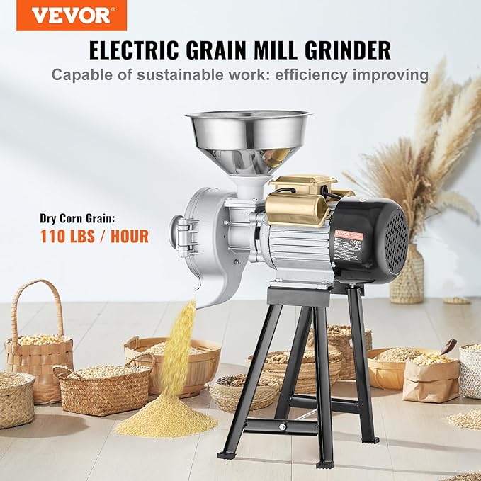 VEVOR Electric Grain Mill Grinder, 3000W Spice Grinders, Commercial Corn Mill with Funnel, Thickness Adjustable Powder Machine, Heavy Duty Feed Flour Cereal Mill Wheat Grinders, Dry & Wet Grinder