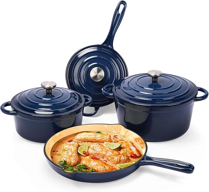 Hisencn Enameled Cast Iron Cookware Set - 7 Piece Set of Dutch Ovens, Sauce Pan, Skillet, 3 Lids, Dutch Oven Set, Ceramic Coated Cast Iron, Heavy Duty, Gas/Induction Compatible (Navy)