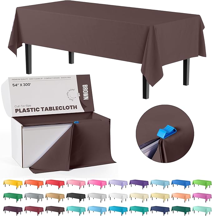 Exquisite Party Solids 54 Inch X 300 Feet Brown Plastic Table Cover Roll in A Cut - to - Size Box with Convenient Slide Cutter. Cuts Up to 36 Rectangle 8 Feet Plastic Disposable Tablecloths