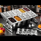 Two Tier Adjustable Stainless Steel Spice Organizer Set of 10 Pots with Spoons Commercial Kitchen Spice Rack Sauce Rack Buffet Counter Milk Tea Shop Multifunctional Shelf (Double Slant)