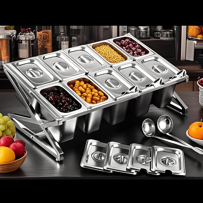 Two Tier Adjustable Stainless Steel Spice Organizer Set of 10 Pots with Spoons Commercial Kitchen Spice Rack Sauce Rack Buffet Counter Milk Tea Shop Multifunctional Shelf (Double Slant)