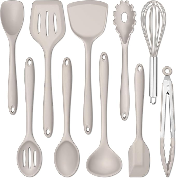 E-far 10 Pieces Silicone Cooking Utensils Set, Heat Resistant Kitchen Utensil Set for Nonstick Cookware, Kitchen Cooking Tools with Spatula, Spoon, Slotted Turner, Non-Toxic & Dishwasher Safe (Khaki)