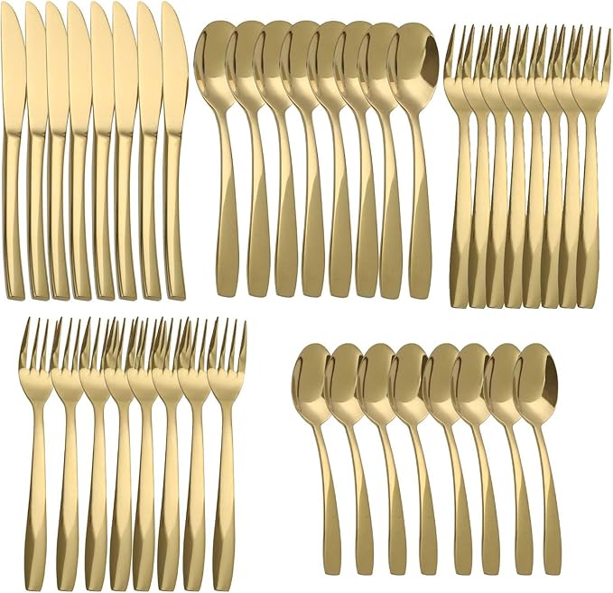 Gold 40 Piece Silverware Set,Stainless Steel Flatware Set for 8,18/0 Rust-Proof Cutlery Set with Forks & Spoons,Mirror Polished Dishwasher Safe - Heavy Duty Tableware for Home & Dining
