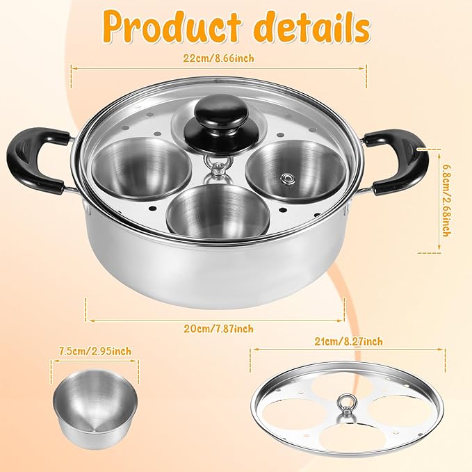 Egg Poacher Pan Stainless Steel Poached Egg Maker with 4 Cups Nonstick Stovetop Egg Cooker Pot for Induction Cooktop (Silver, 1-Pack)