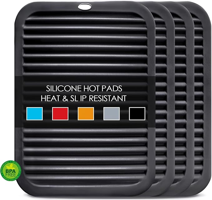 Silicone Trivets for Hot Pots and Pans, 4 Pack Heat Resistant Pot Holders for kitchen, Large Silicone Trivet Mat for Hot Dishes, Black Hot Pads for Kitchen Counter, Hot Mats Spoon Rest, 9 * 12 Inches