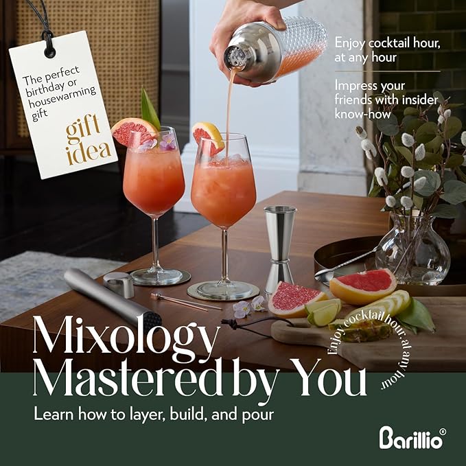 Barillio 14 oz Glass Cocktail Shaker | Cobbler Mixer with Built-In Strainer, Leak-Proof Clear Martini Shaker for Single-Serve Drinks