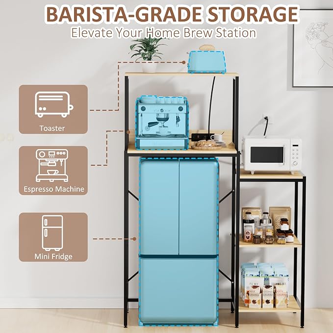 Mini Fridge and Microwave Stand Over Refrigerator Storage Shelf with Power Outlet, 5 Tiers Adjustable Bakers Rack Cabinet Coffee Bar Appliance Organizer for Dorm Office,Natural