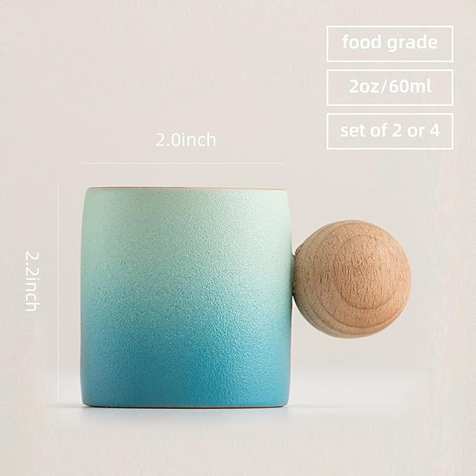 2-Oz Ceramic Espresso Cups with Wood Handle, 2/4-Piece Set for Coffee, Tea, Latte - Dishwasher Safe, Multi-Color & Wood Styles, Gift & Café Use (blue white, Round Handle4)