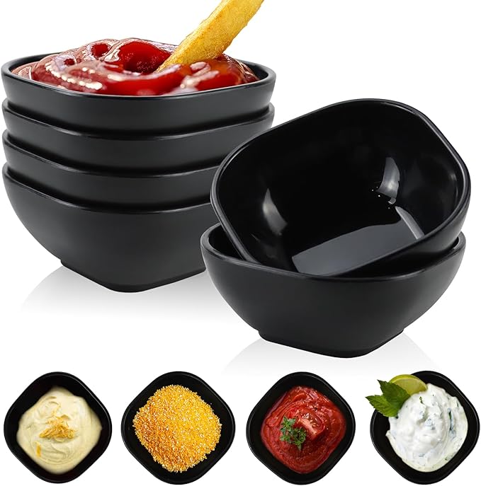 6 pack wheat straw dipping bowls 5oz,alternative plastic soy sauce dishes,unbreakable small dessert bowls microwave and dishwasher safe for snack,sushi,condiment (Black Series)