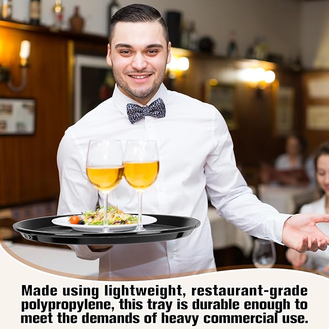 Zopeal 6 Pieces Black Round Restaurant Serving Tray, Plastic Non Slip Surface Food Meals Server Tray with Raised Edges for Home, Kitchen, Restaurant, Cafeteria, Bar (14")